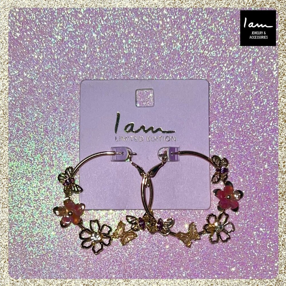 💐 Floral & Butterflies Gold-Toned Hoop Earrings by I Am NWT - Picture 3 of 4